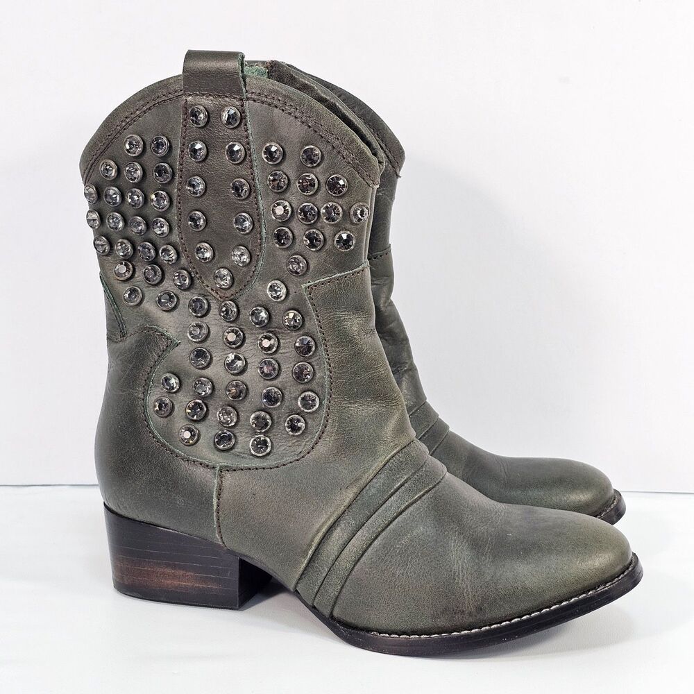 Patron by Perugia Rock Studded Leather Ankle Western Boots Women’s 7M Green
